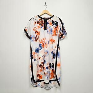 DKNYC Sheer Floral Shift Dress Size M Blue Orange Abstract Watercolor Art Mini